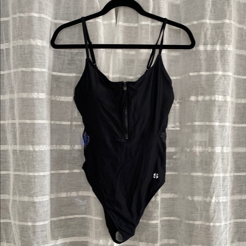 Sports Illustrated Black One-Piece Swimsuit with Zipper & Mesh Cut Outs Size L